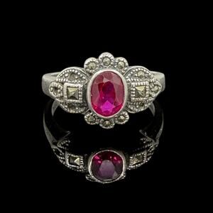Antique Style Created Ruby Marcasite Ring 925 Sterling Silver Size 9.5